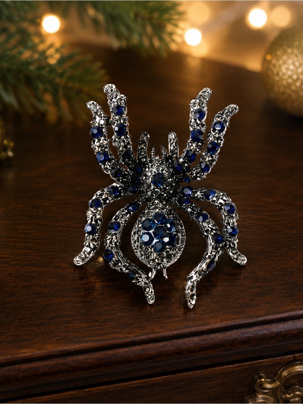 Vintage Style Blue Crystal Spider Brooch Statement Pin NWT